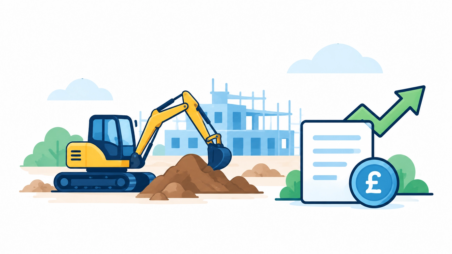 Illustration of groundwork construction in progress, with a clipboard marked by a £ symbol