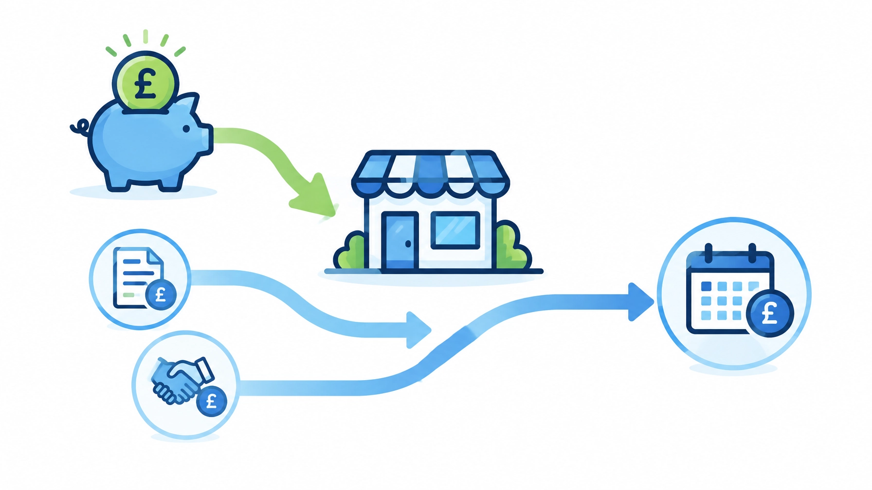 Illustration representing business borrowing being reorganised into a clear repayment flow, with a £ symbol
