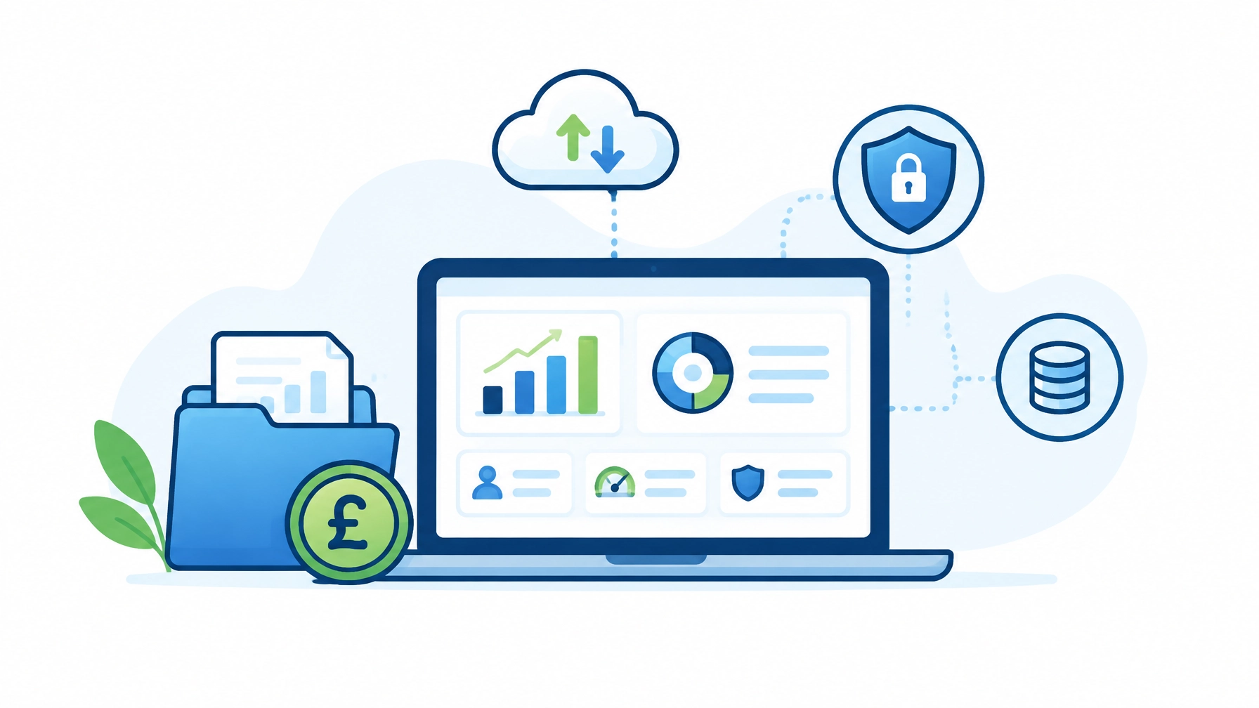 Illustration of an online business finance assessment using a laptop, data icons and a £ symbol