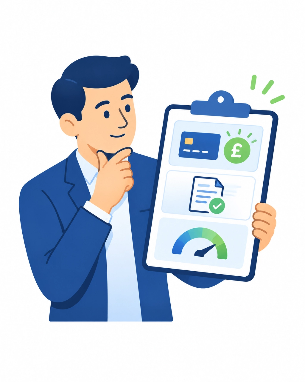 Illustration comparing a cashback card, a business loan and a line of credit, with a pound symbol